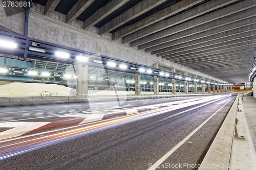 Image of Abstract speed motion in urban highway road tunnel, blurred moti