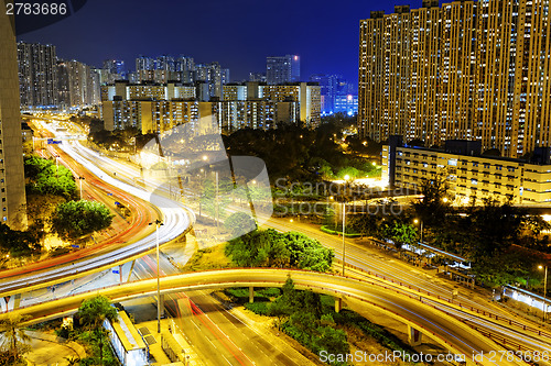 Image of aerial view of the city overpass at night, HongKong, Asia