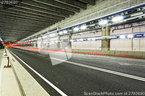 Image of Abstract speed motion in urban highway road tunnel, blurred moti