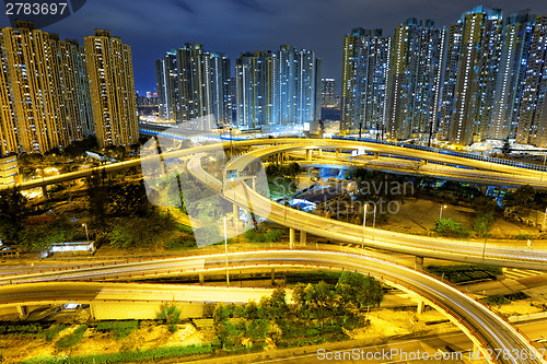 Image of aerial view of the city overpass at night, HongKong, Asia