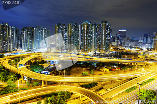 Image of aerial view of the city overpass at night, HongKong