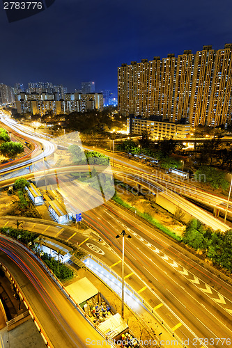 Image of aerial view of the city overpass at night, HongKong, Asia