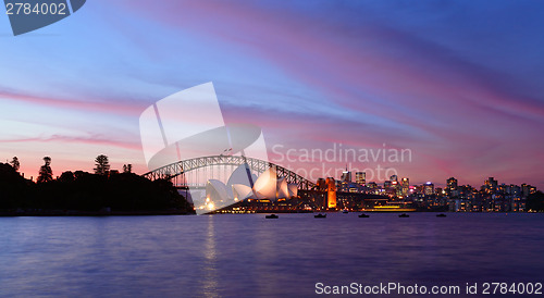 Image of SYDNEY, AUSTRALIA - APRIL 8, 2014; Sunset over Sydney Harbour wi