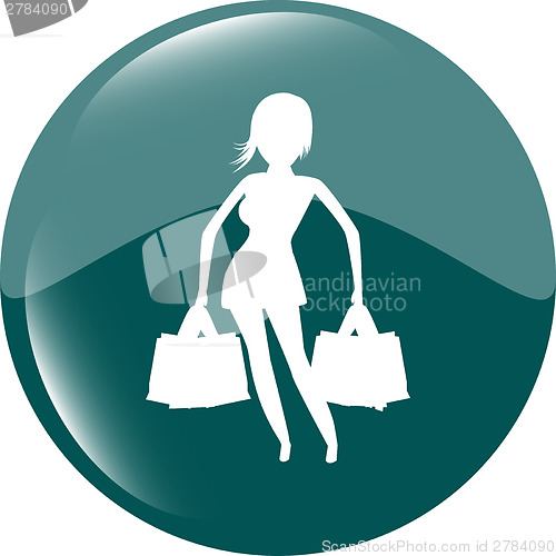 Image of Shopping woman with bags, web icon isolated on white