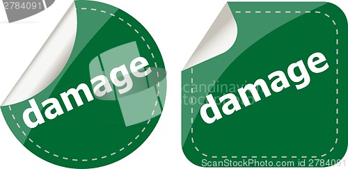 Image of damage word on stickers web button set, label, icon