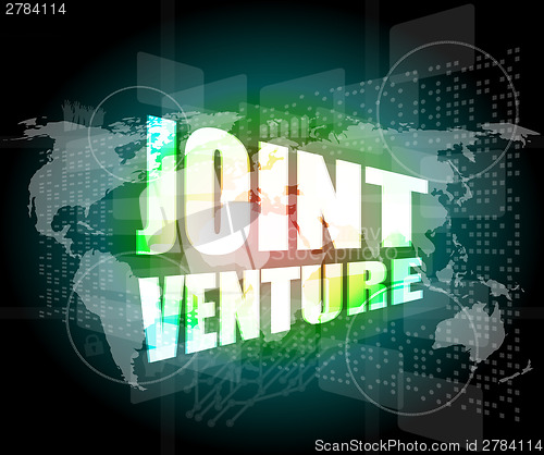 Image of joint venture words on digital screen background with world map