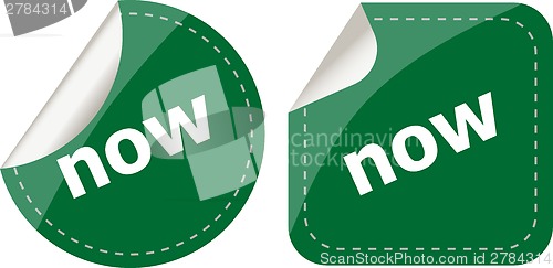 Image of now word stickers set, icon button, business concept