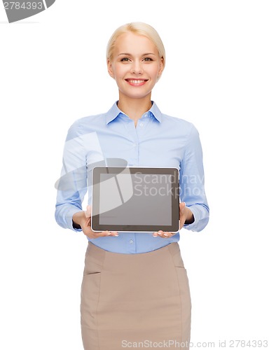 Image of businesswoman with blank black tablet pc screen