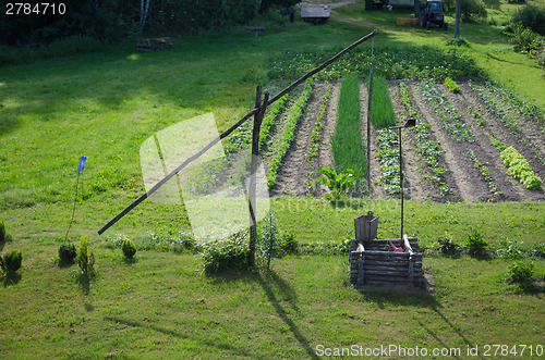 Image of garden vegetables and stylized handmade well pole 