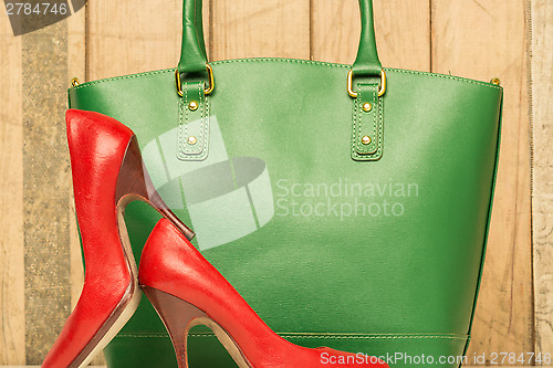 Image of Woman accessories on wood background