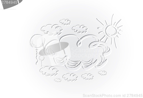 Image of Hand drawing sky with clouds and sun.