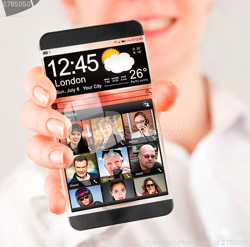 Image of Smartphone with transparent screen in human hands.