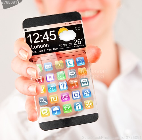 Image of Smartphone with transparent screen in human hands.