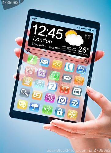 Image of Tablet with transparent screen in human hands.