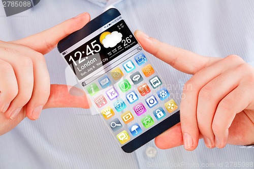 Image of Smartphone with transparent screen in human hands.