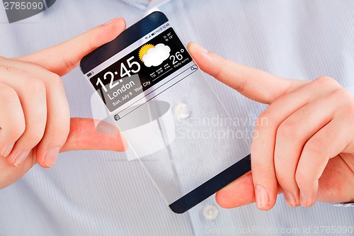 Image of Smartphone with transparent screen in human hands.