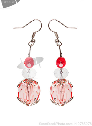 Image of Earrings in red glass with silver elements. white background 