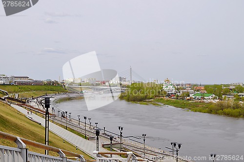 Image of The embankment in Tyumen. Spring flood of the Tura River.