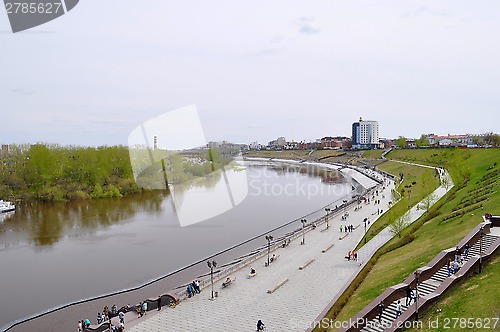 Image of The embankment in Tyumen. Spring flood of the Tura River.