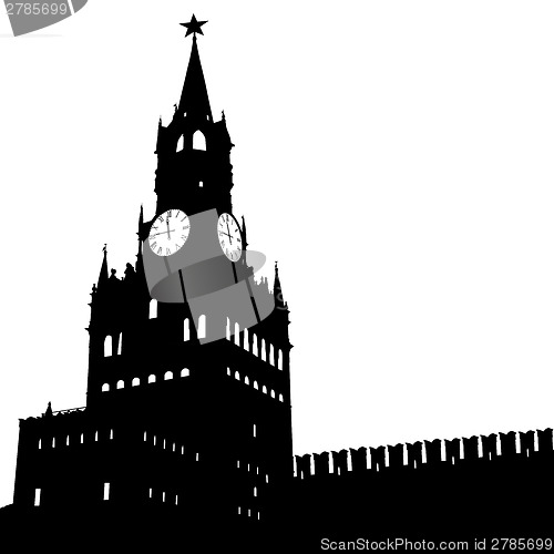 Image of Moscow, Russia, Kremlin Spasskaya Tower with clock, silhouette, 