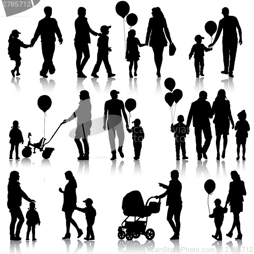 Image of Black set of silhouettes of parents and children on white backgr