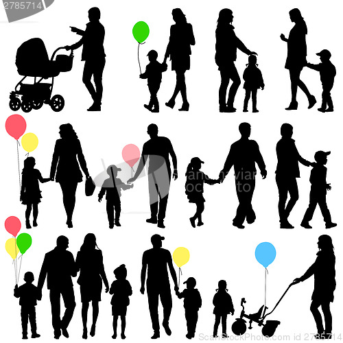 Image of Black set of silhouettes of parents and children on white backgr