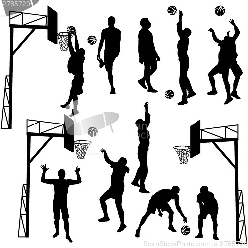 Image of Black silhouettes of men playing basketball on a white backgroun