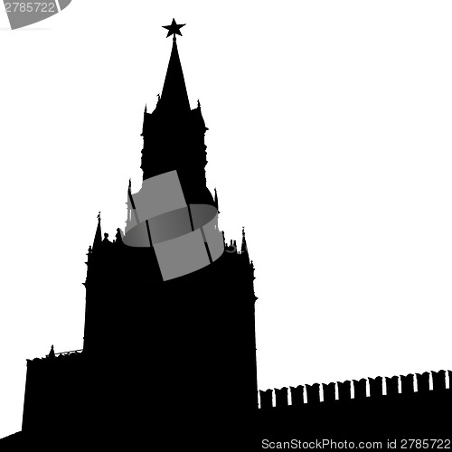 Image of Moscow, Russia, Kremlin Spasskaya Tower with clock, silhouette, 