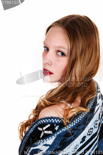 Image of Closeup of girl in sweater. 