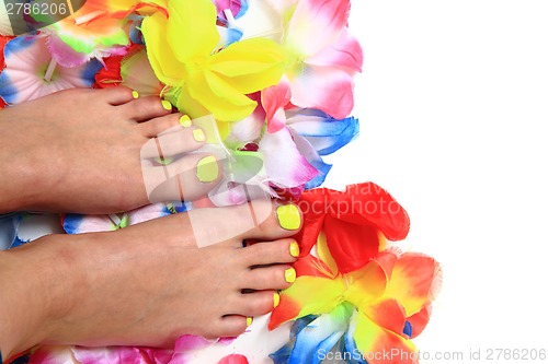 Image of women feets and flowers (pedicure tbackground)