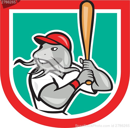 Image of Catfish Baseball Hitter Batting Cartoon Shield