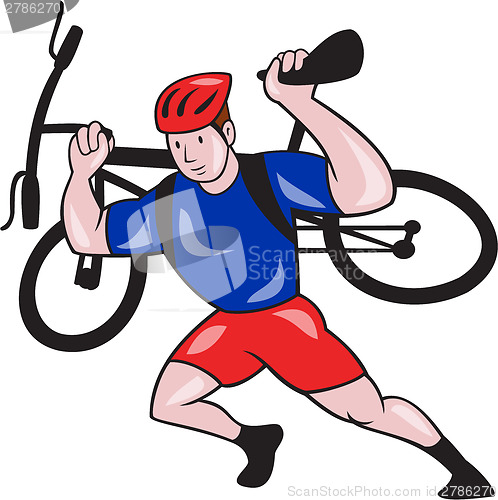 Image of Cyclist Carry Mountain Bike on Shoulders Cartoon