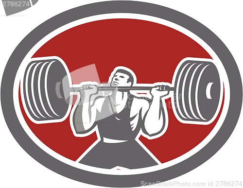 Image of Weightlifter Lifting Barbell Front Oval Retro