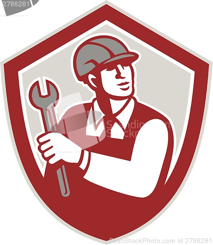 Image of Mechanic Holding Wrench Shield Crest Retro