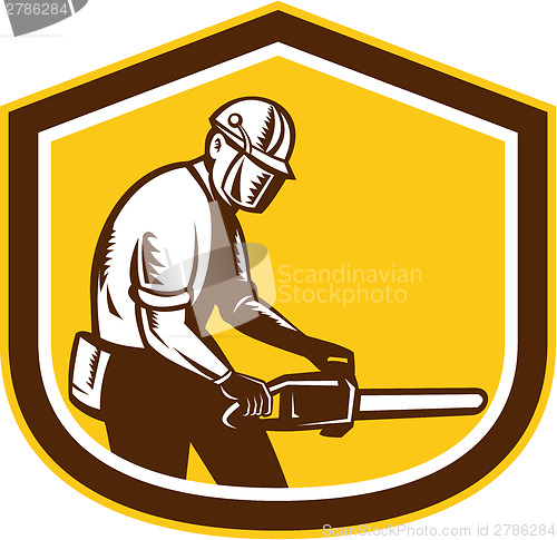 Image of Lumberjack Operating Chainsaw Shield Retro