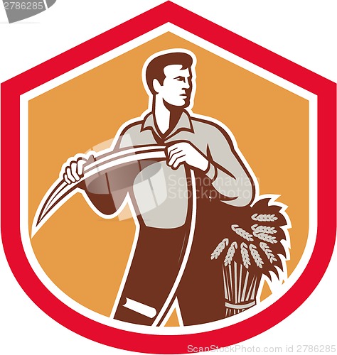 Image of Organic Farmer Holding Scythe Wheat Shield