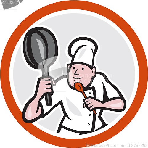 Image of Chef Cook Holding Frying Pan Fighting Stance Cartoon