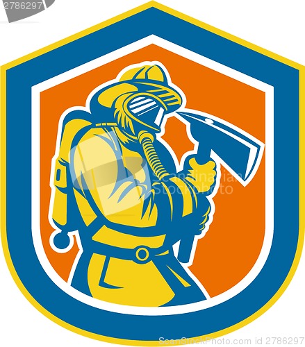 Image of Fireman Firefighter Holding Fire Axe Shield 