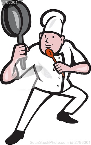 Image of Chef Cook Holding Frying Pan Kung Fu Stance Cartoon