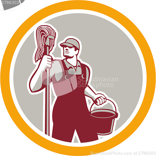 Image of Janitor Holding Mop and Bucket Circle Retro