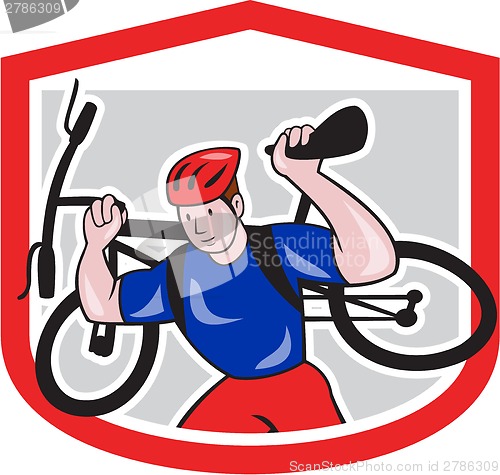 Image of Cyclist Carrying Mountain Bike on Shoulders Cartoon