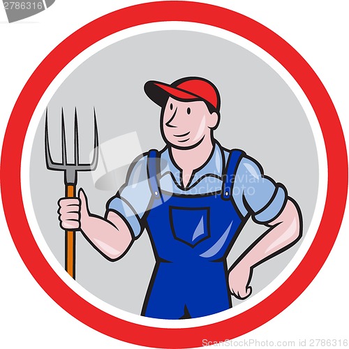 Image of Farmer Holding Pitchfork Circle Cartoon