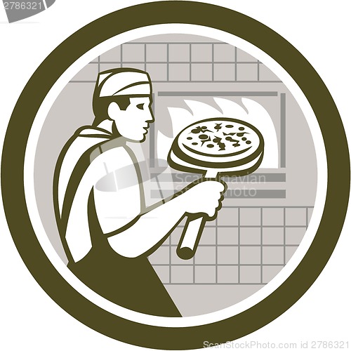 Image of Pizza Maker Holding Peel Side Retro Circle