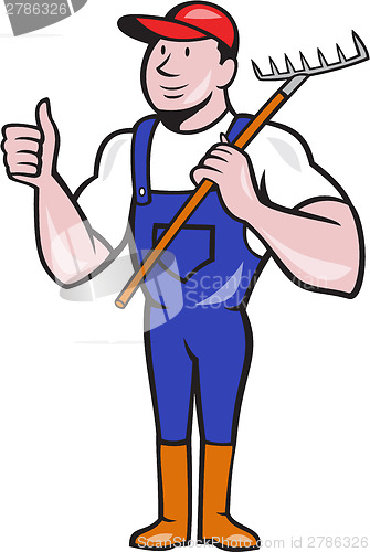 Image of Gardener Farmer Hold Rake Thumbs Up Cartoon