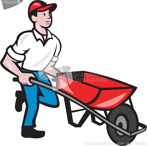 Image of Gardener Pushing Wheelbarrow Cartoon