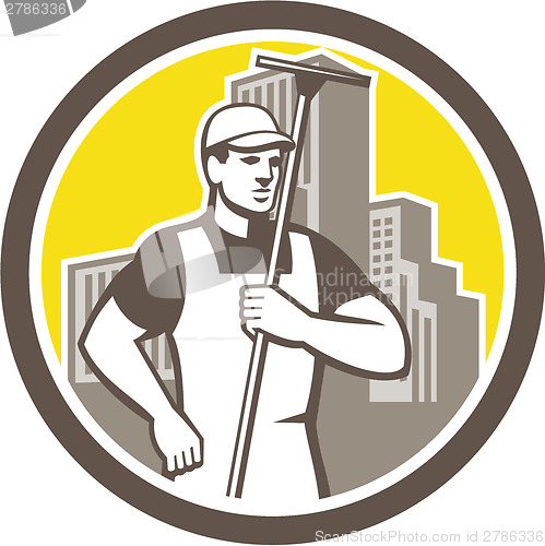 Image of Window Cleaner Worker Holding Squeegee Circle