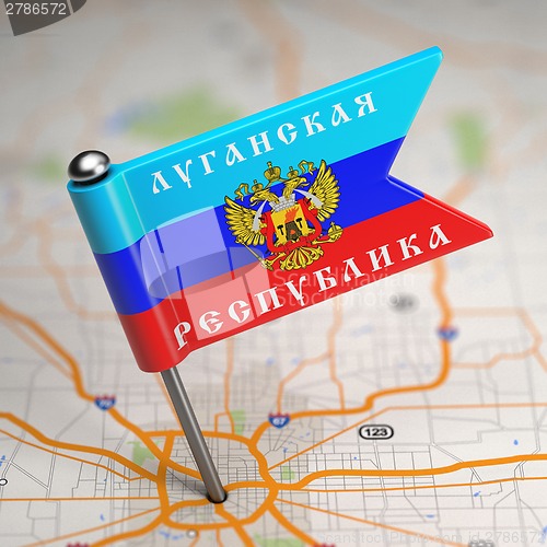 Image of Luhansk People's Republic Small Flag on a Map Background.