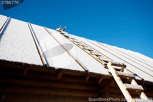 Image of roof with staircase covered by snow