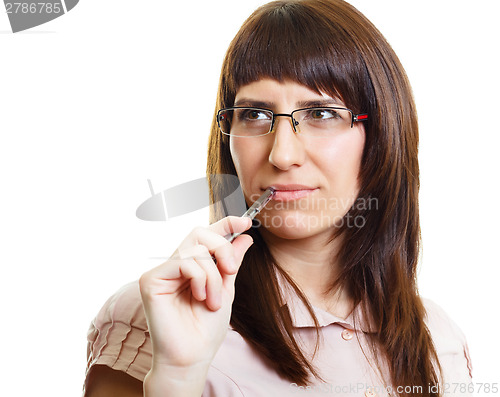 Image of Attractive young woman with a pen on an isolated white