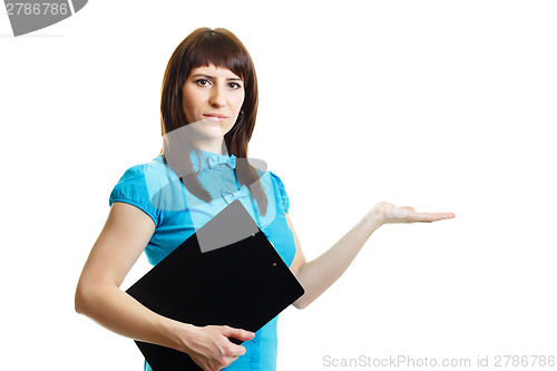 Image of Attractive young woman with a folder on an isolated white